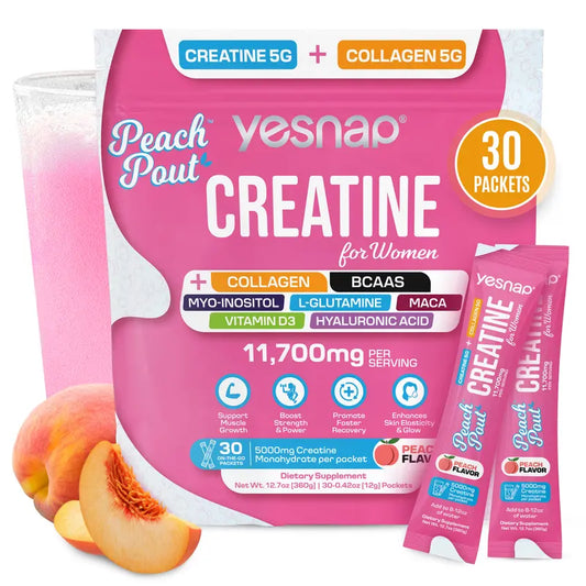  Peachpout Creatine for Women, 5G Creatine Monohydrate + 5G Collagen Powder, Myo-Inositol & BCAA, MACA, Hyaluronic Acid, Delicious Peach Flavor, 30 Packets, All-In-One Women Wellness Supplement